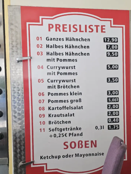 Die Preistafel am Grillwagen von Berliner Hähnchen
